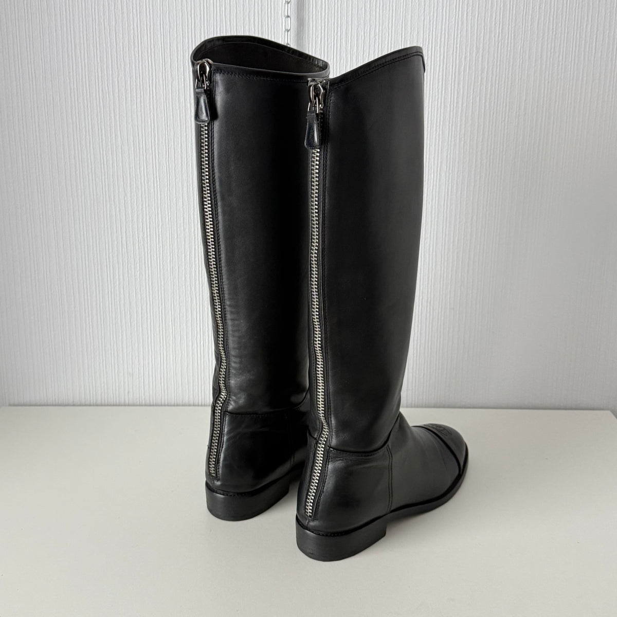 Chanel Black Calfskin Leather Knee-High Riding Boots
