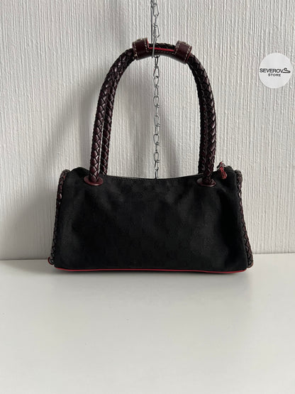 Loewe Black Canvas Anagram Brown Leather Shoulder Bag