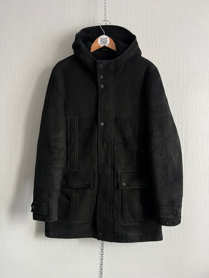 Zegna Black Suede Lamb Leather Shearling Coat Mens Parka Jacket