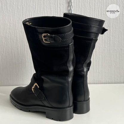 Tod's Black Leather and Suede Fibbie Mid Calf Biker Boots