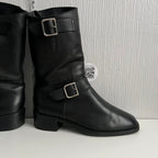 Chanel Biker Black Leather Boots with Silver Buckles