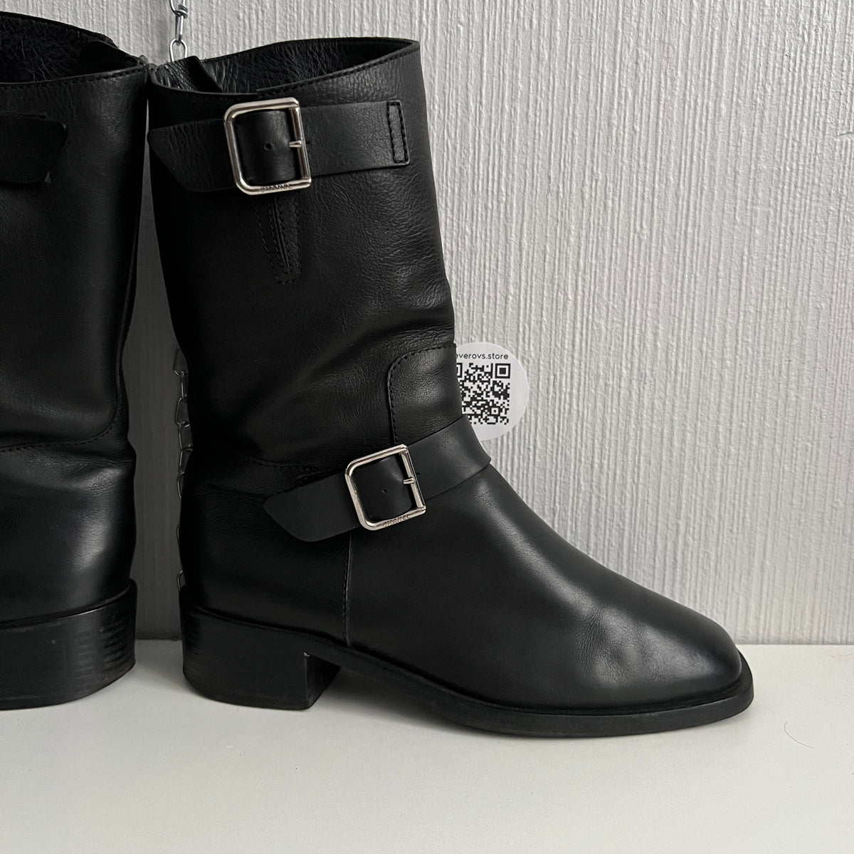 Chanel Biker Black Leather Boots with Silver Buckles
