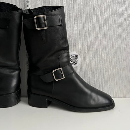Chanel Biker Black Leather Boots with Silver Buckles