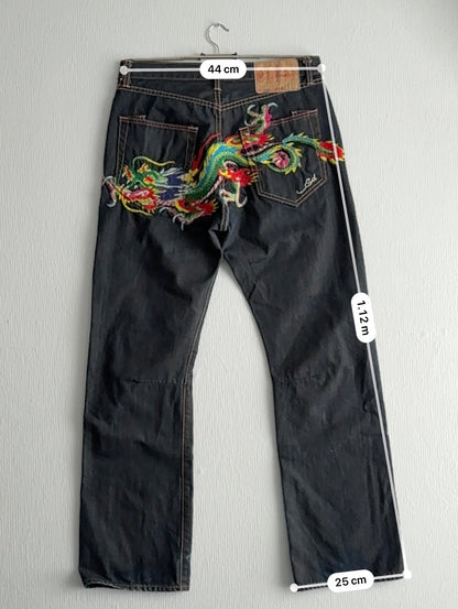 Ed Hardy Dragon Embroidered Blue Denim Jeans