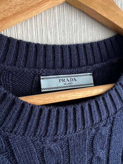 Prada Logo Navy Cotton Cable-knit Sweater