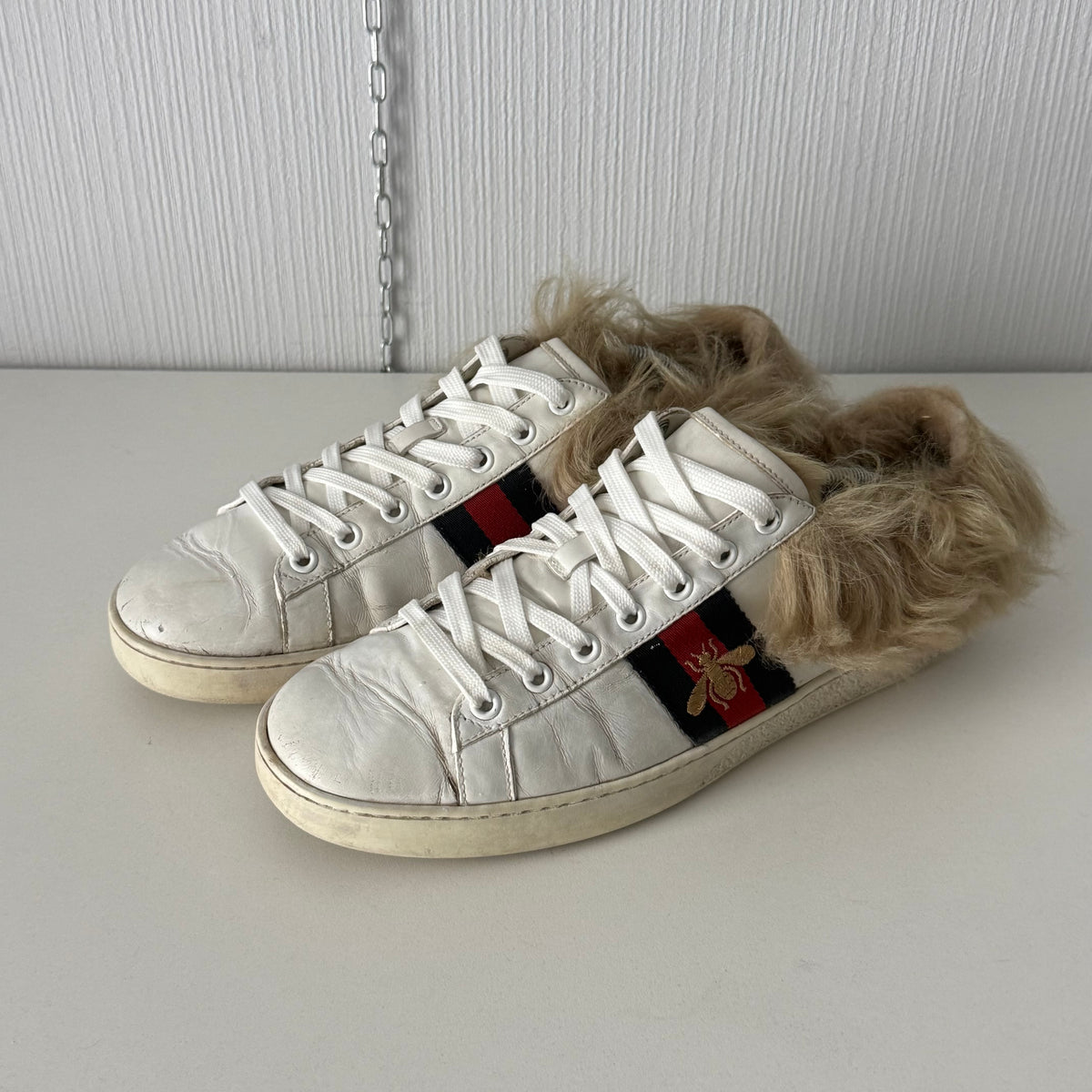 Gucci White Leather Fur Lined Ace Sneakers