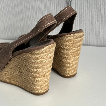 Prada Logo Embroidered Wedge Sandals in Light Brown Colour