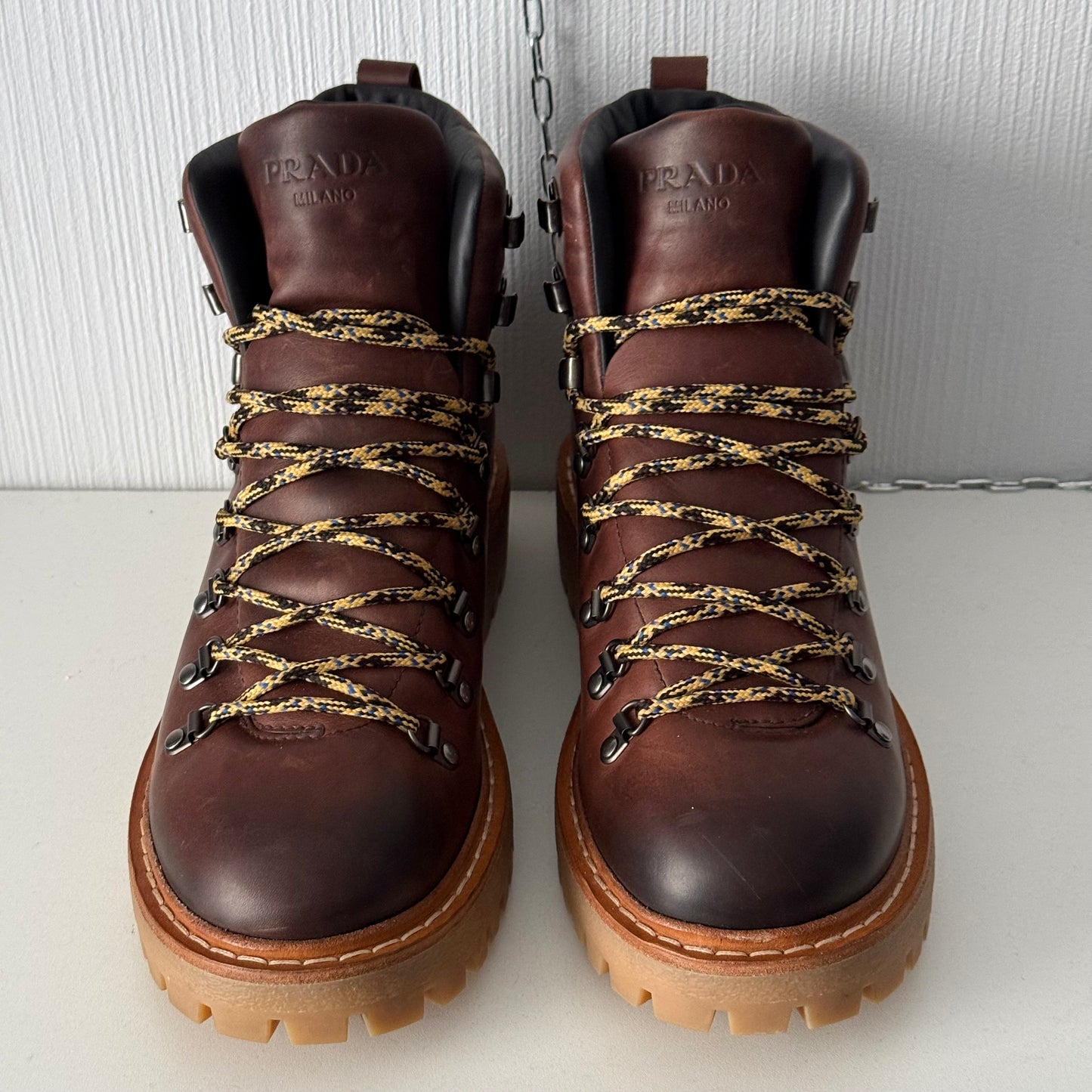 Prada Hike Laced Boots in Brown Leather