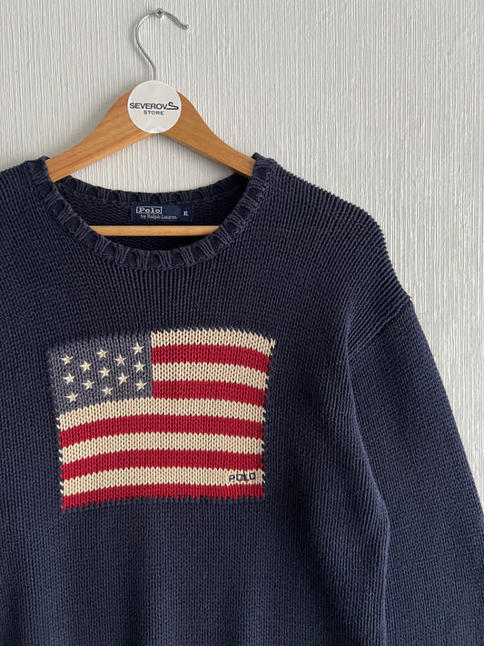 Polo Ralph Lauren American Flag Heavy Knit Navy Cotton Womens Sweater