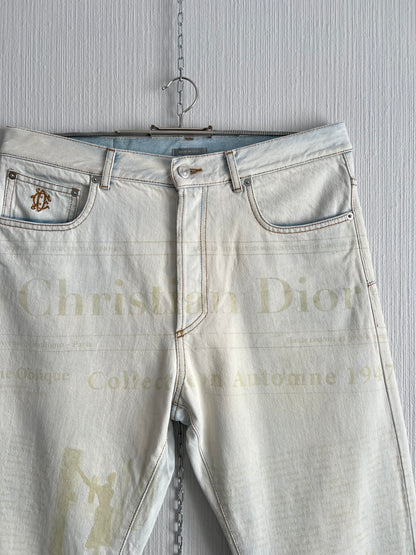 Christian Dior SAMPLE Gazette Print Faded Blue Denim Jeans