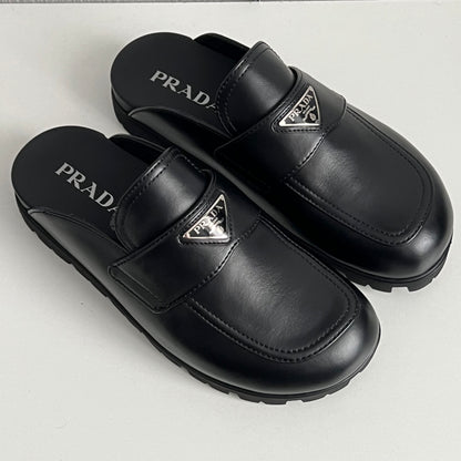 Prada Soft Padded Black Nappa Leather Sabots Mens Slippers
