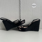 Louis Vuitton Black Satin Crystal Embellished Platform Espadrille Sandals