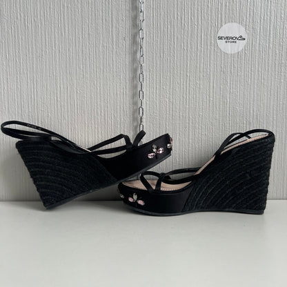 Louis Vuitton Black Satin Crystal Embellished Platform Espadrille Sandals