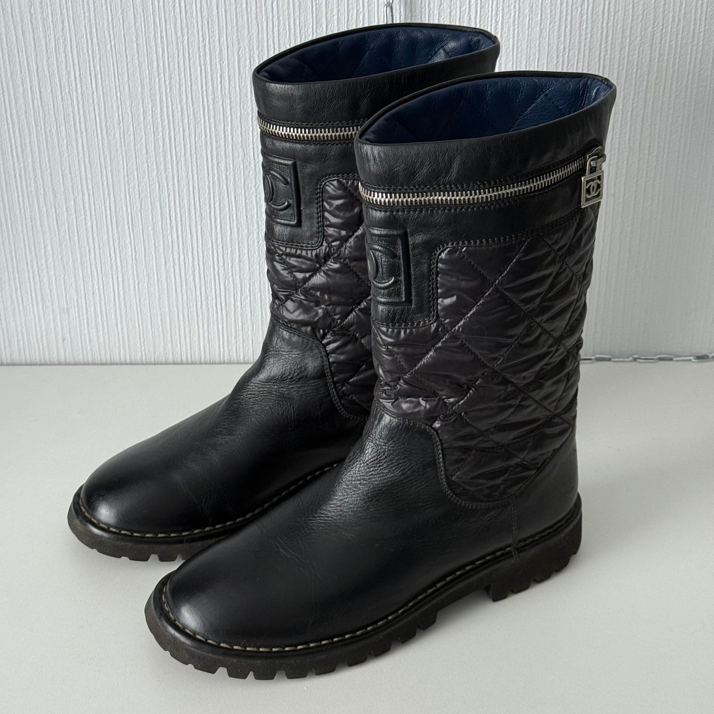 Chanel Black Nylon/Leather Coco Cocoon Boots by Karl Lagerfeld