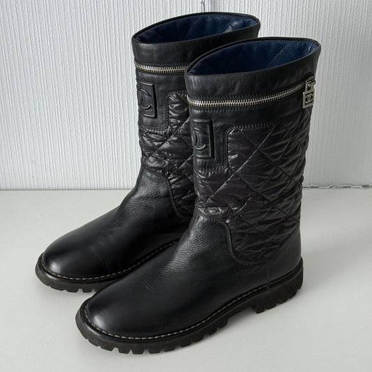 Chanel Black Nylon/Leather Coco Cocoon Boots by Karl Lagerfeld