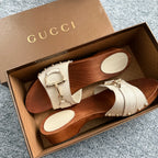 Gucci White Leather Horsebit Wooden Clogs Mules