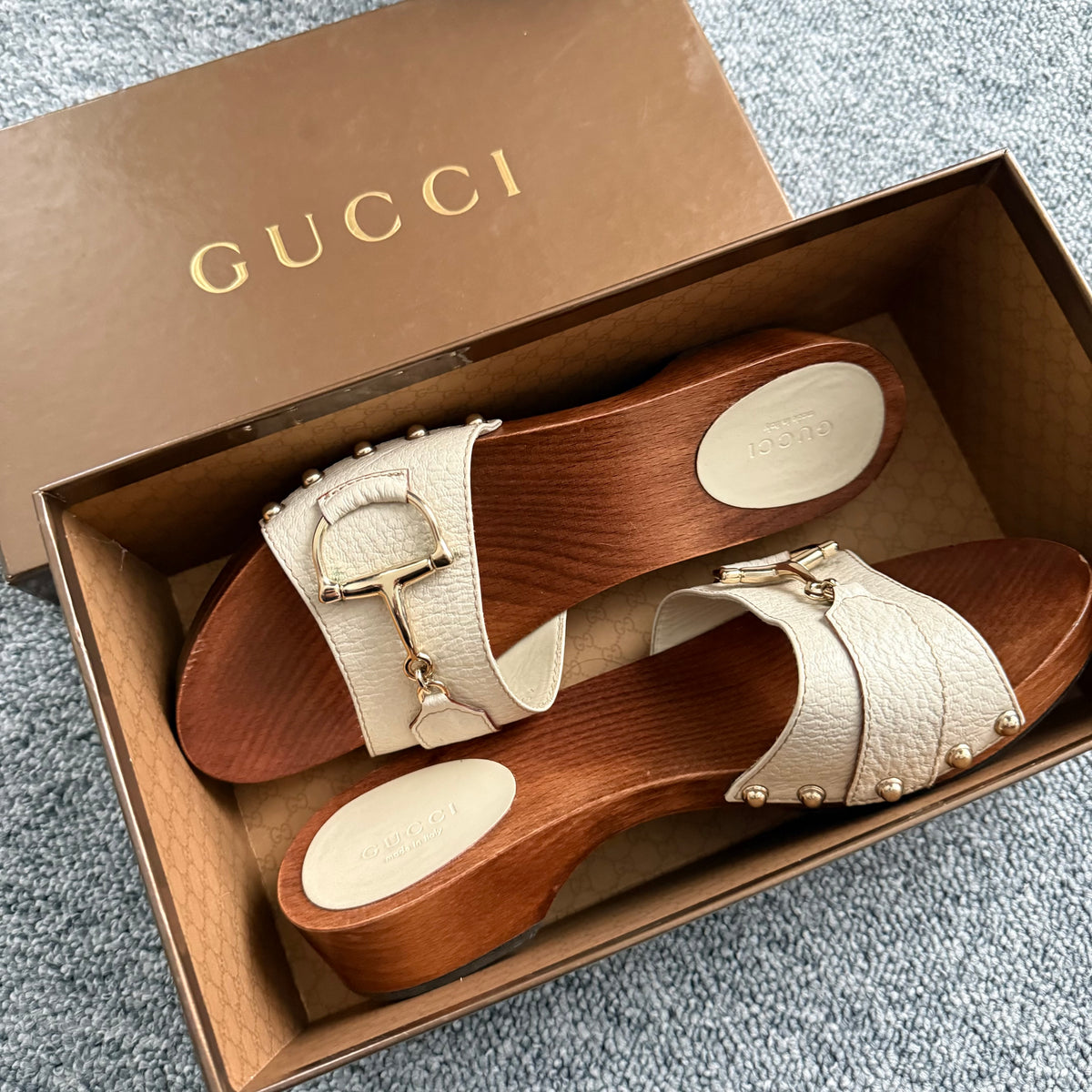 Gucci White Leather Horsebit Wooden Clogs Mules