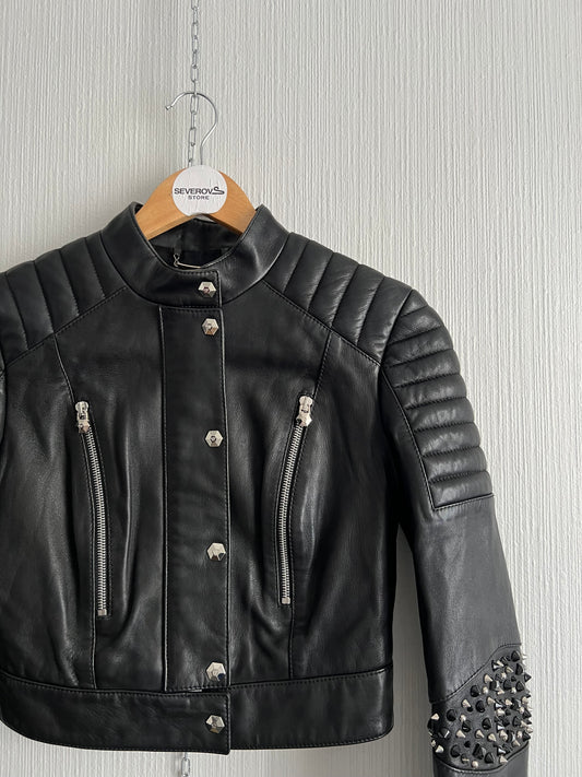 Phillip Plein Fitted Lamb Leather Biker Jacket