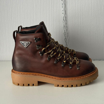 Prada Hike Laced Boots in Brown Leather