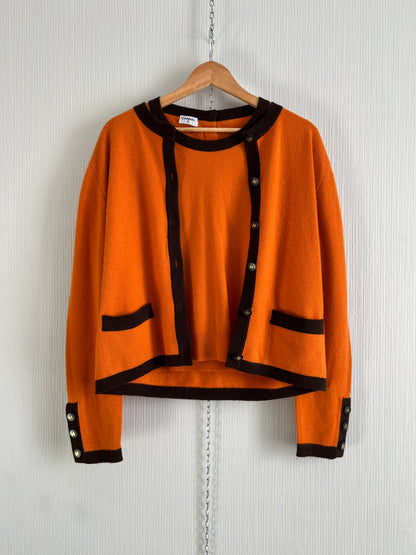 Chanel 1996 Orange Brown Cashmere Knit Set Short Sleeve T-Shirt and Cardigan