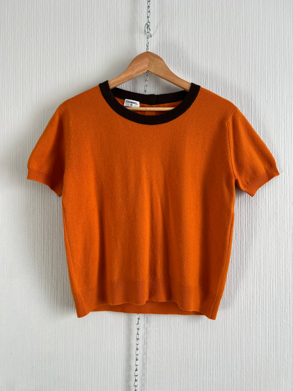 Chanel 1996 Orange Brown Cashmere Knit Set Short Sleeve T-Shirt and Cardigan