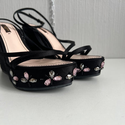 Louis Vuitton Black Satin Crystal Embellished Platform Espadrille Sandals