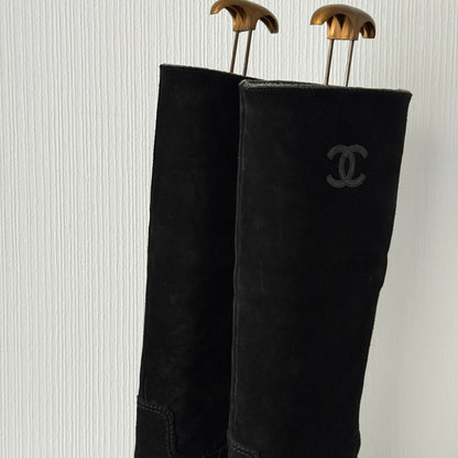Chanel CC Logo Black Suede Leather High Boots
