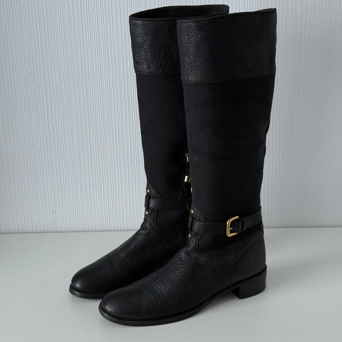 Prada Black Leather Knee High Logo Boots