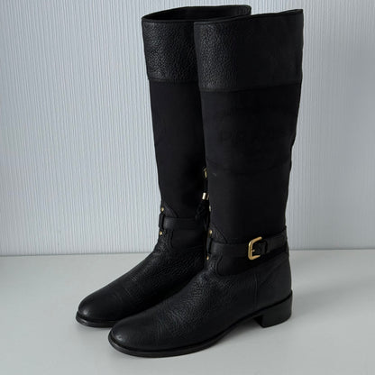 Prada Black Leather Knee High Logo Boots