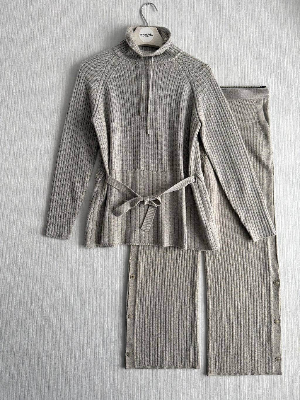 Loro Piana Cashmere Suit Rib Belted Turtleneck and Pants