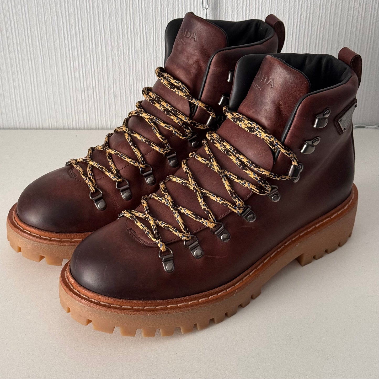 Prada Hike Laced Boots in Brown Leather