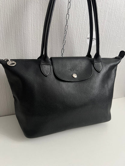 Longchamp Le Pliage Black Leather Tote Bag
