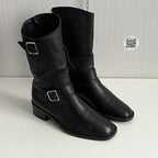Chanel Biker Black Leather Boots with Silver Buckles