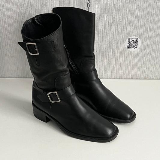 Chanel Biker Black Leather Boots with Silver Buckles