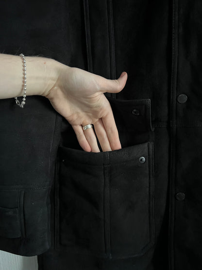 Zegna Black Suede Lamb Leather Shearling Coat Mens Parka Jacket