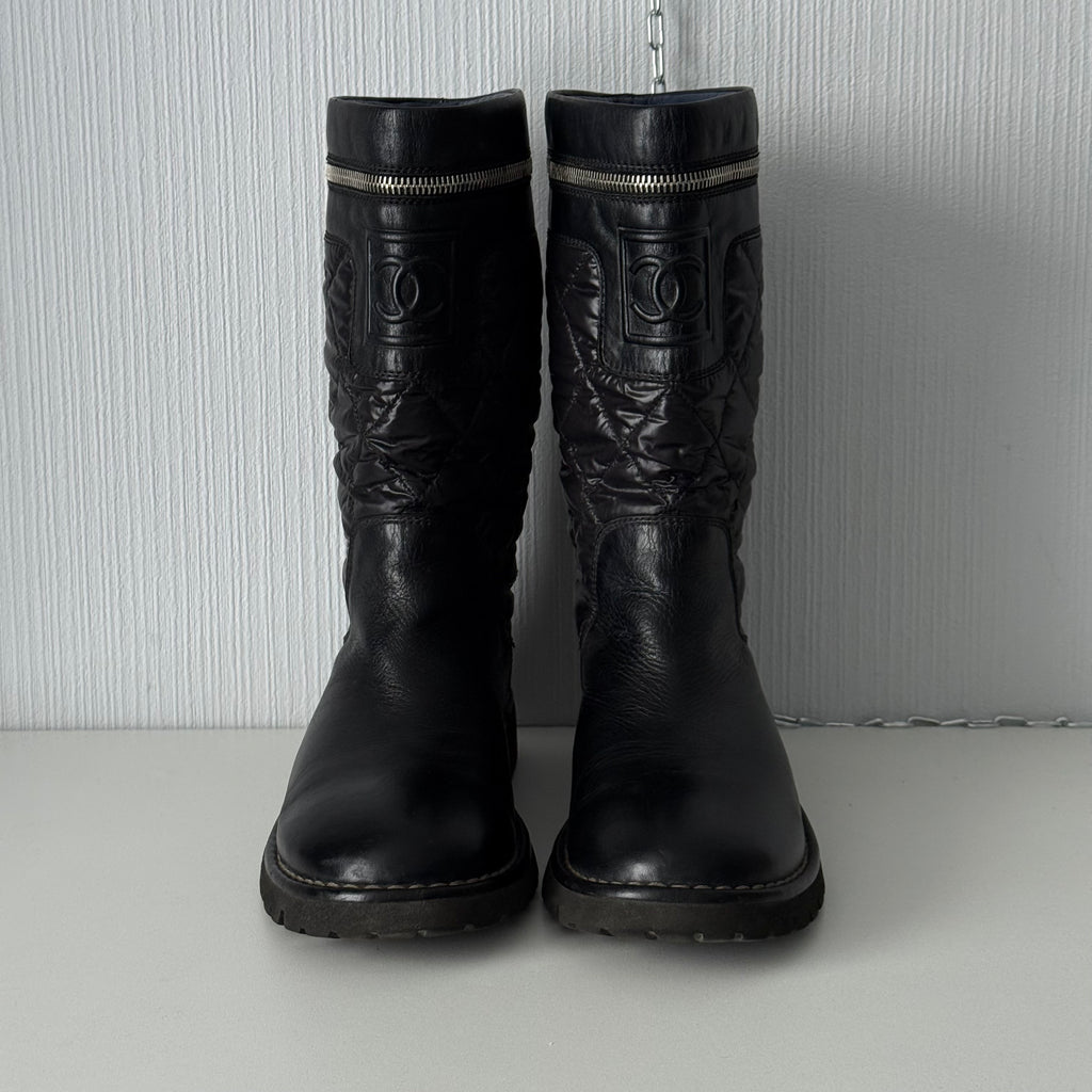 Chanel Black Nylon/Leather Coco Cocoon Boots by Karl Lagerfeld