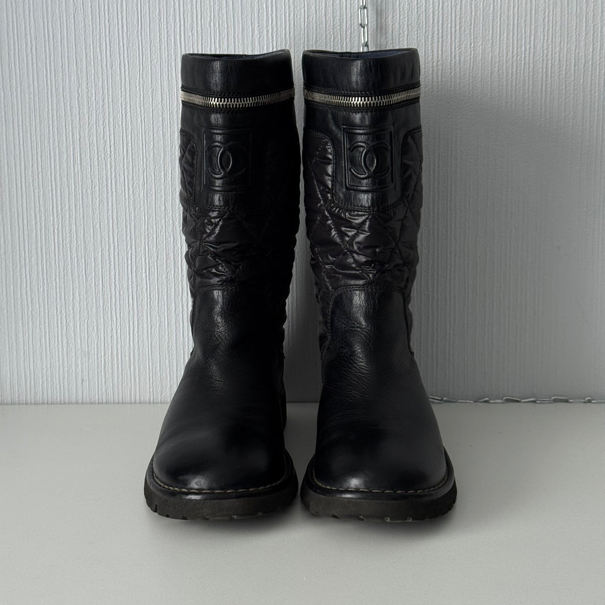 Chanel Black Nylon/Leather Coco Cocoon Boots by Karl Lagerfeld