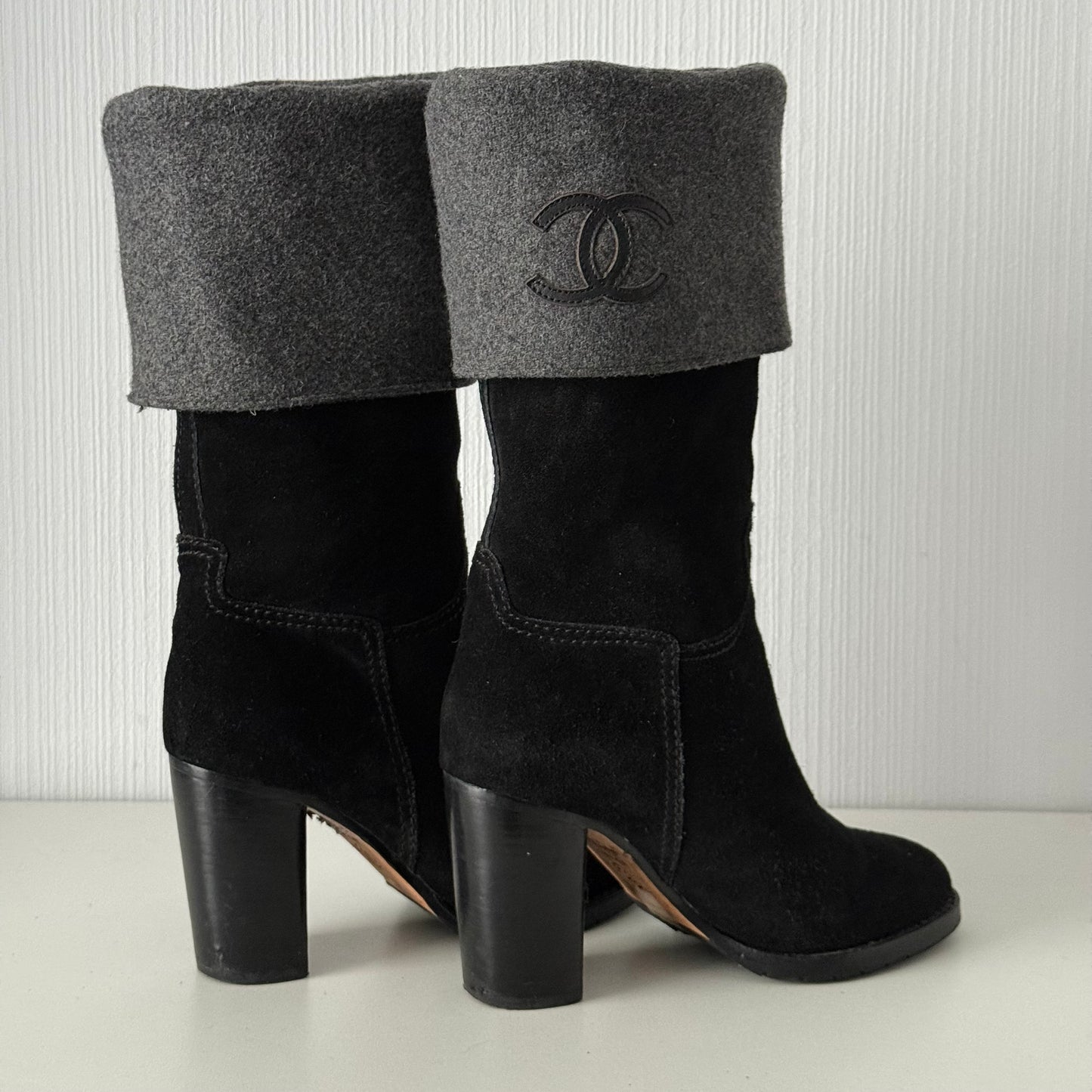 Chanel CC Logo Black Suede Leather High Boots