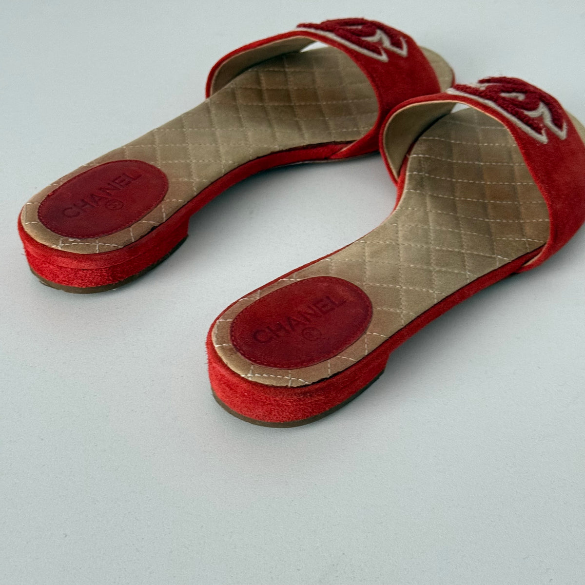 Chanel Leather CC Red Leather Mules Flat Slides