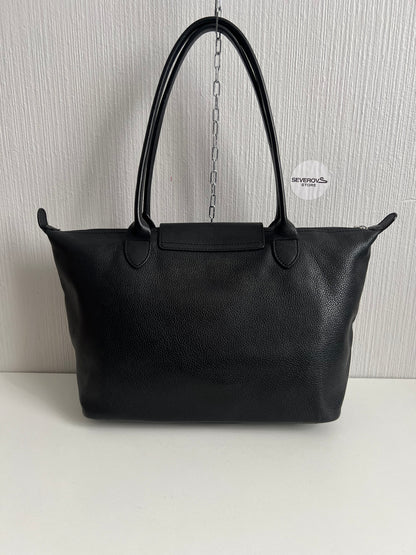 Longchamp Le Pliage Black Leather Tote Bag