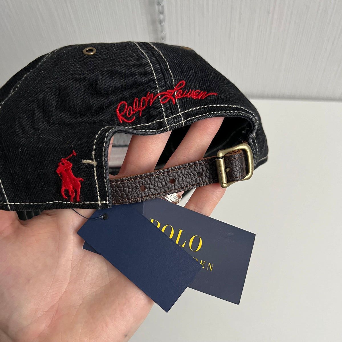 Polo Ralph Lauren Contrast Stitches Flag Black Cap with Leather Strap