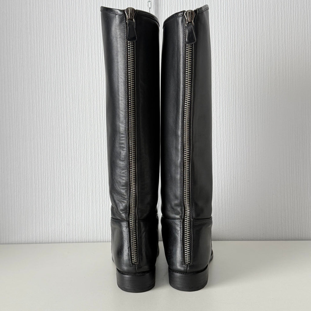 Chanel Black Calfskin Leather Knee-High Riding Boots