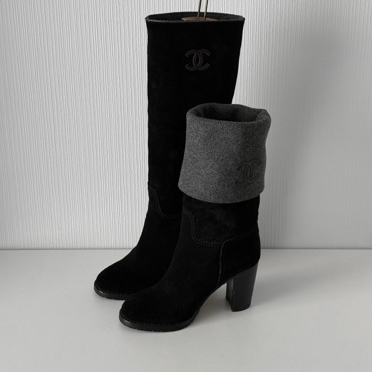 Chanel CC Logo Black Suede Leather High Boots