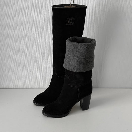 Chanel CC Logo Black Suede Leather High Boots