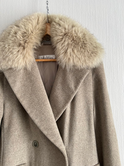 Max Mara Fox Fur Collar Wool Angora Blend Womens Long Coat