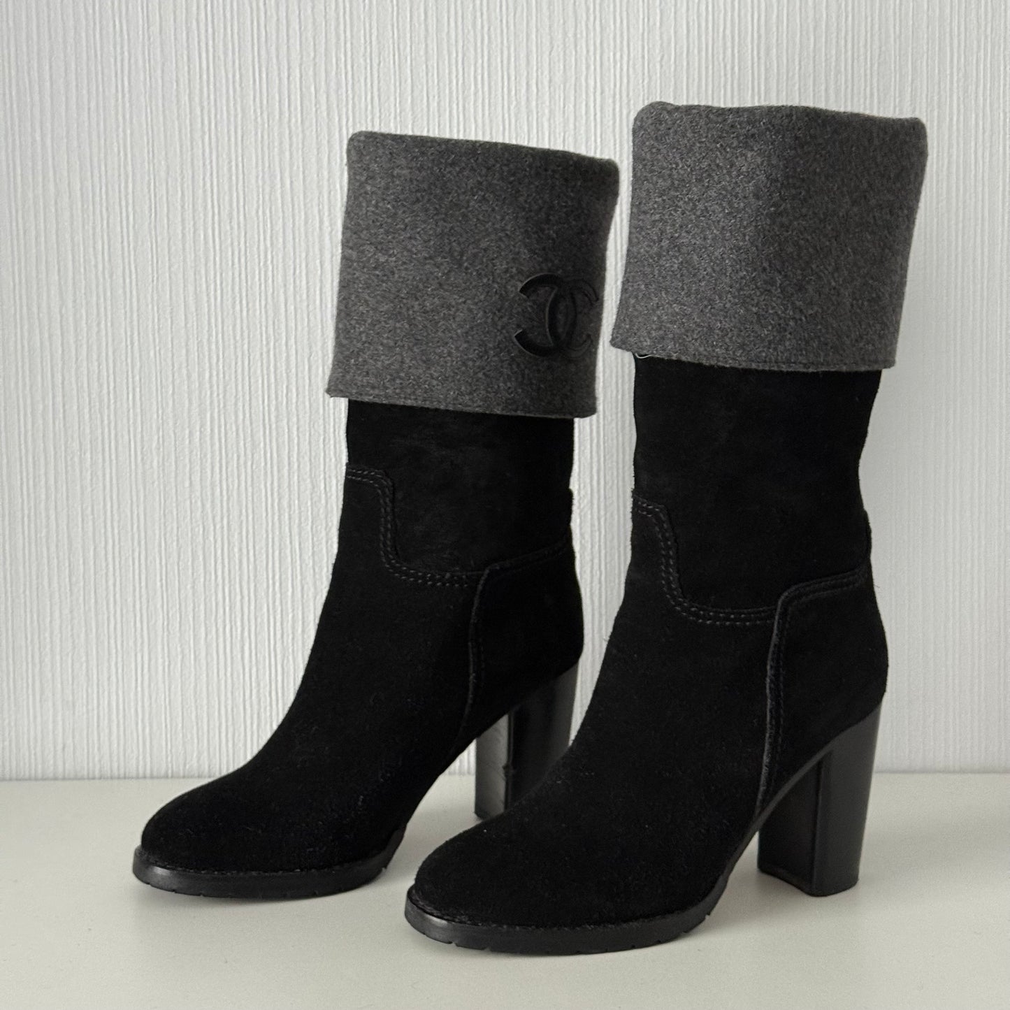 Chanel CC Logo Black Suede Leather High Boots