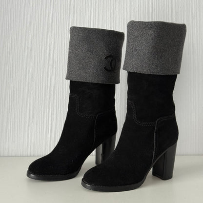 Chanel CC Logo Black Suede Leather High Boots