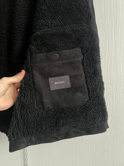 Zegna Black Suede Lamb Leather Shearling Coat Mens Parka Jacket