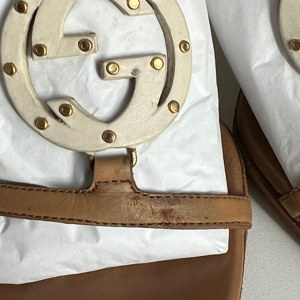Gucci Beige Leather Interlocking G Kitten Heel Slide Sandals