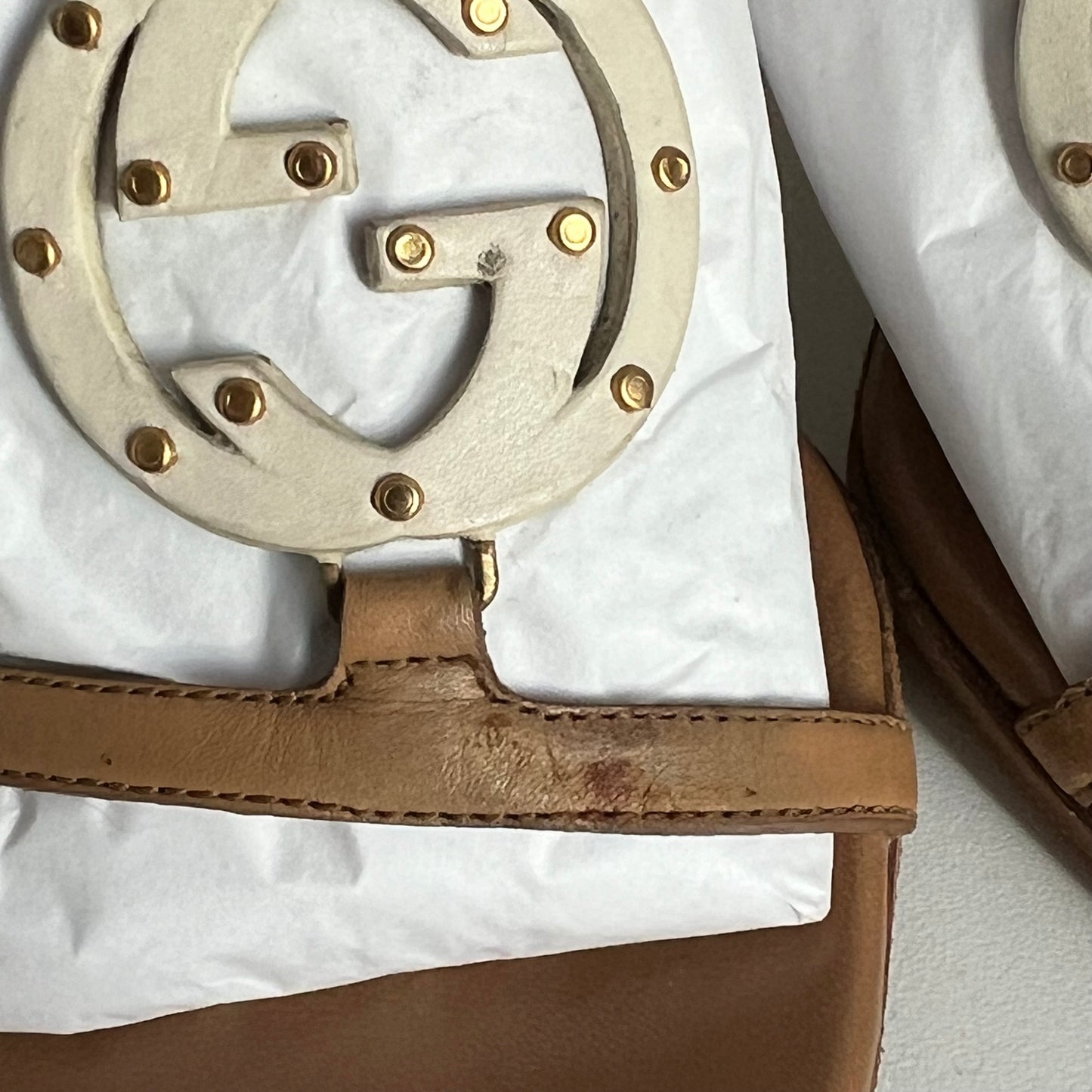 Gucci Beige Leather Interlocking G Kitten Heel Slide Sandals